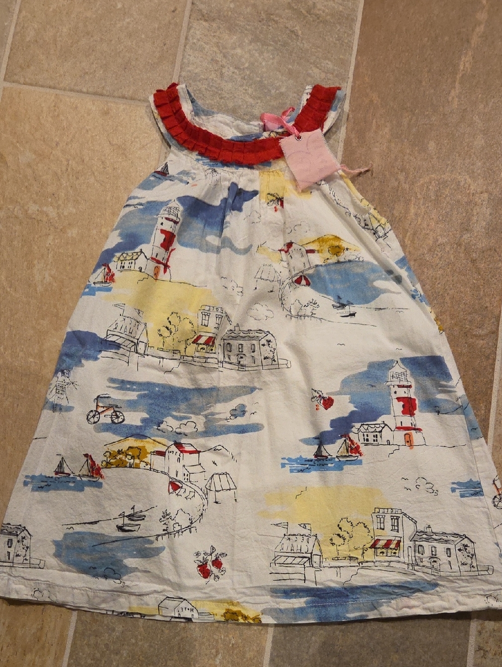 Girls' Nautical Print Cotton Dress with Red Ruffle Collar 2/3 Year